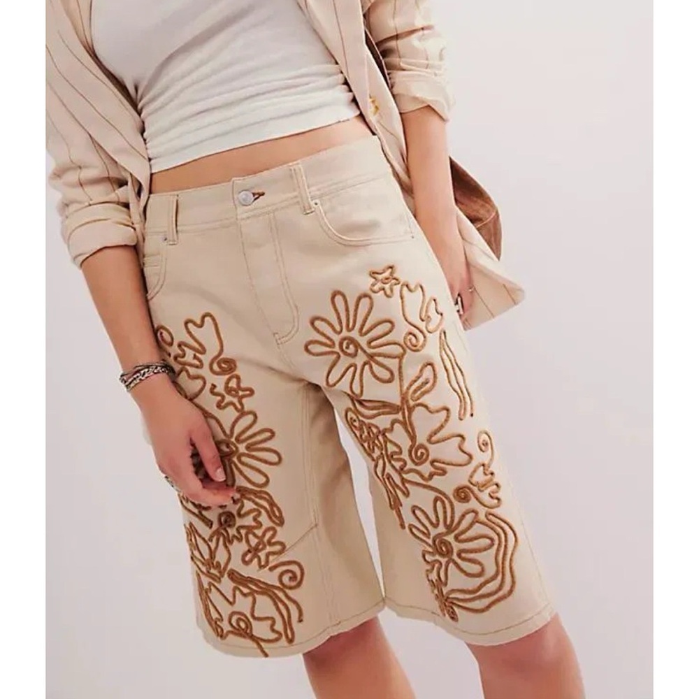 Free People Cruisin Soutache Long Jean Shorts Cream 32